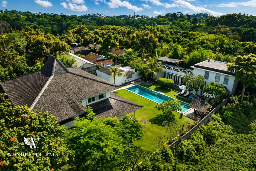 Aerial view of pool, garden and pavilion, Villa Hasian — 5-bedroom garden villa in Jimbaran, Bali