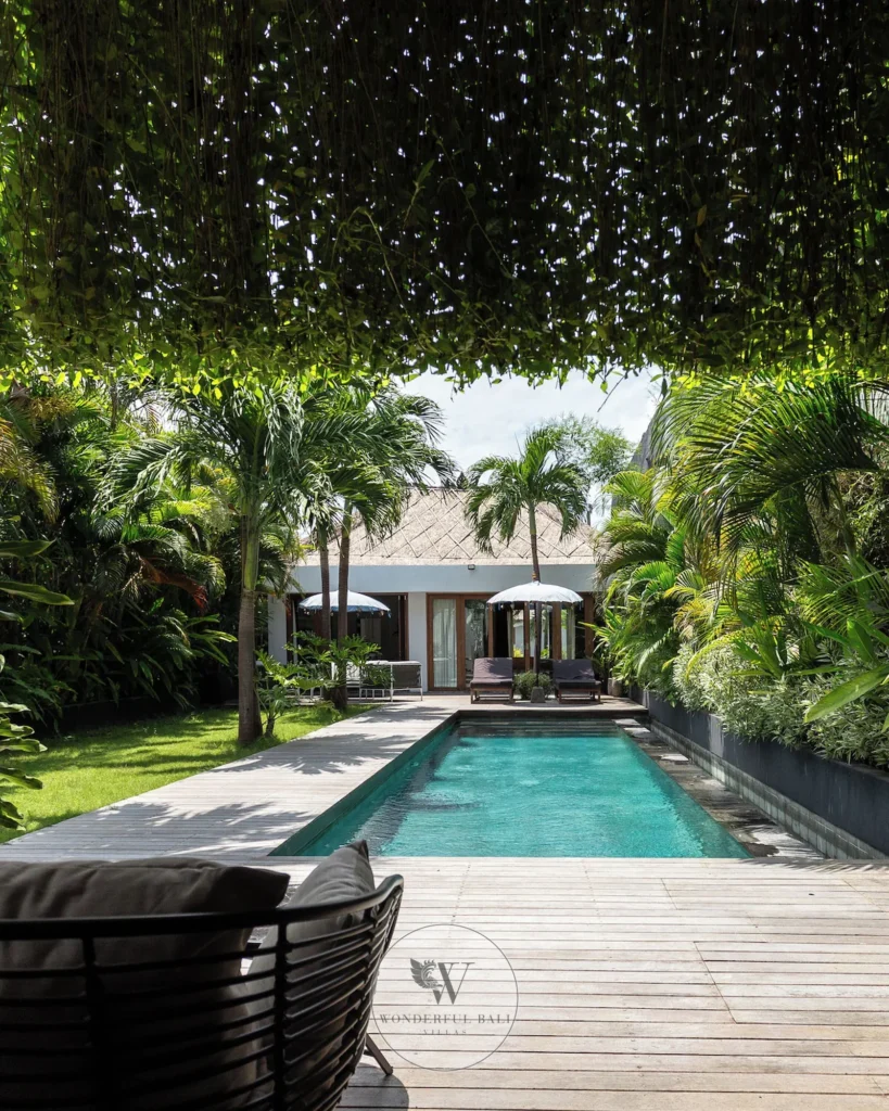 Exterior overview of a three-bedroom tropical villa with private pool and garden in Umalas, Bali