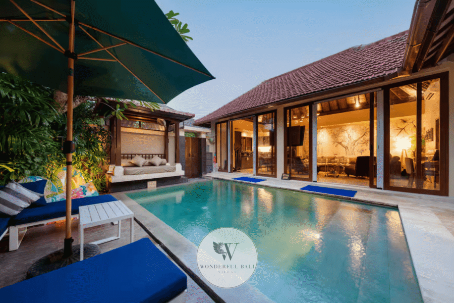 Private pool and open-plan living area at Asteria Luxury Spa Villa for sale in Seminyak, Bali