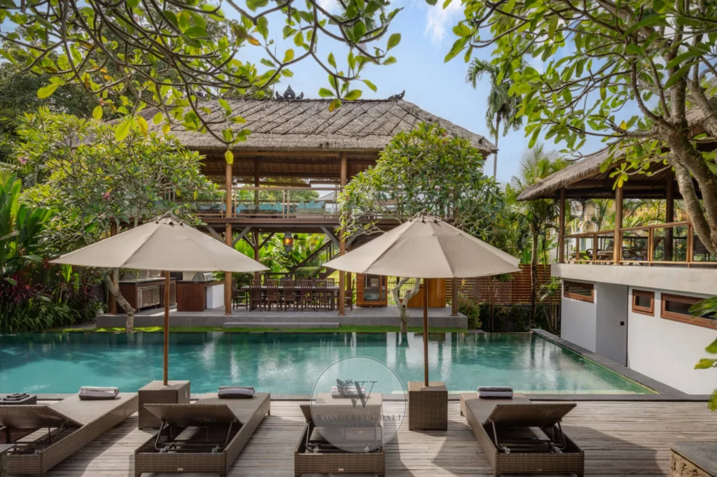 Daytime exterior of a six-bedroom private villa with tropical garden and pool, Batu Bolong, Canggu