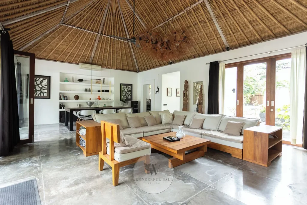 Open-plan living and dining area in a three-bedroom villa, Umalas, Bali