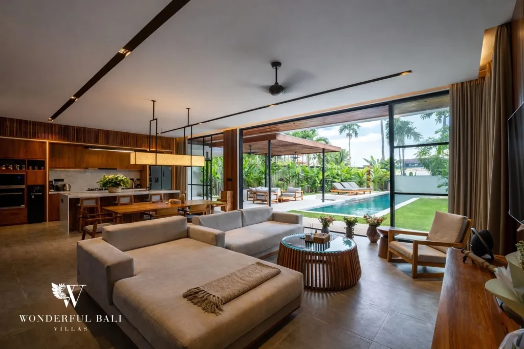 3BR villa for sale Canggu — living room with floor to ceiling glass
