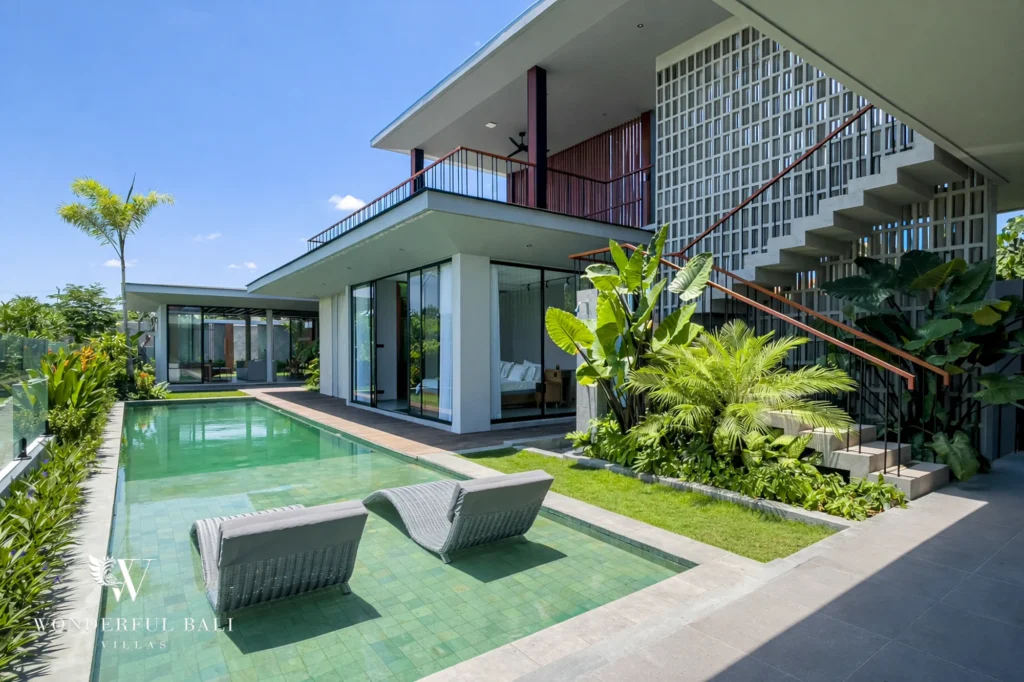 Private outdoor pool at a modern four-bedroom villa in Tumbak Bayuh, Pererenan