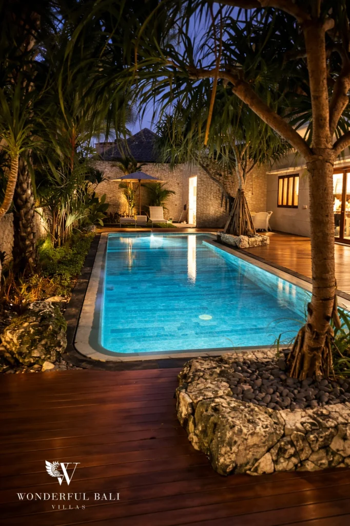 Private pool at night, four-bedroom family villa in Bumbak, Umalas