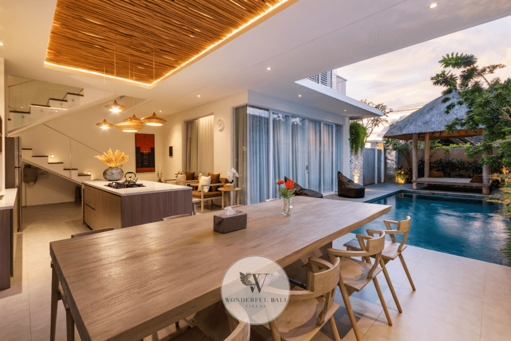 Swan Tiga – Alfresco dining area beside private pool of ocean view villa for sale – Seminyak, Bali