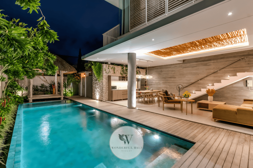 Swan Satu – Aerial daytime overview of freehold villa with pool and tropical garden – Seminyak, Bali
