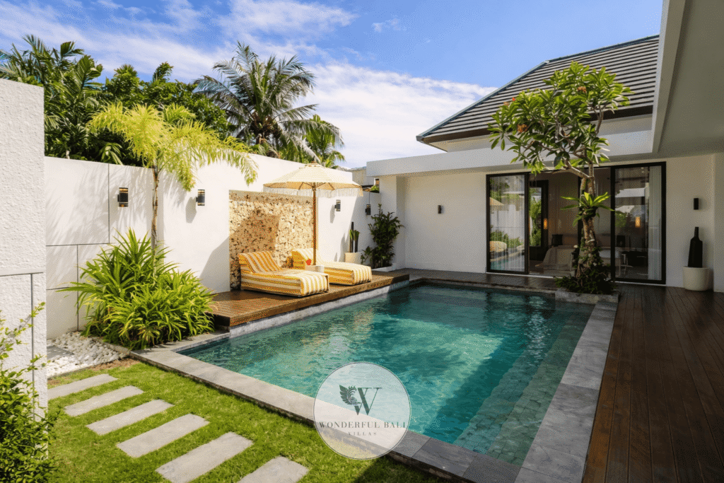 Villa Toku – Outdoor garden and pool terrace of luxury villa for sale – Petitenget, Seminyak Bali