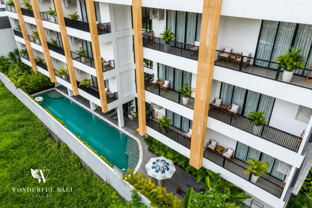 Aerial view of the serviced apartment building with swimming pool, Canggu, Bali