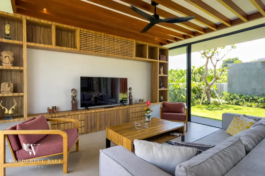 Open-plan living room with high ceilings in a modern four-bedroom villa, Pererenan