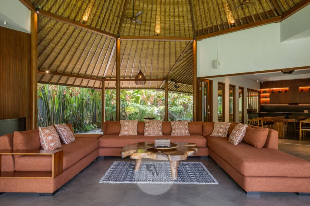Main living room with hardwood floors and luxury tiles, six-bedroom villa in Batu Bolong, Canggu