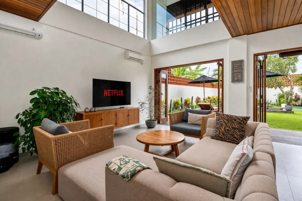 monthly villa rental umalas — open plan living opening to garden