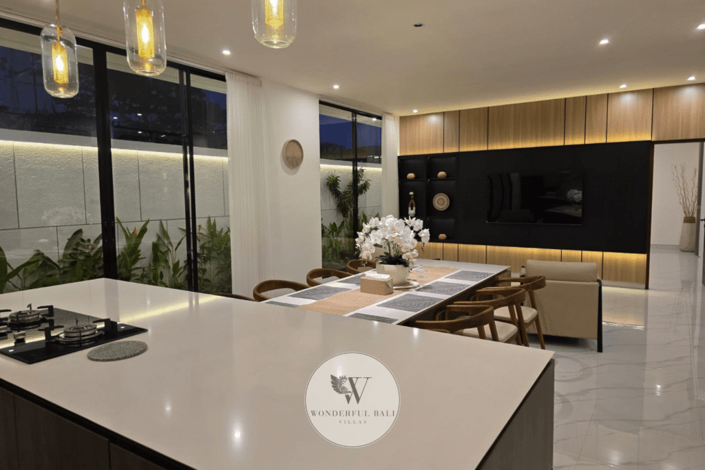 Villa Toku – Elegant open-plan dining and living area with tropical garden view – Petitenget, Seminyak Bali