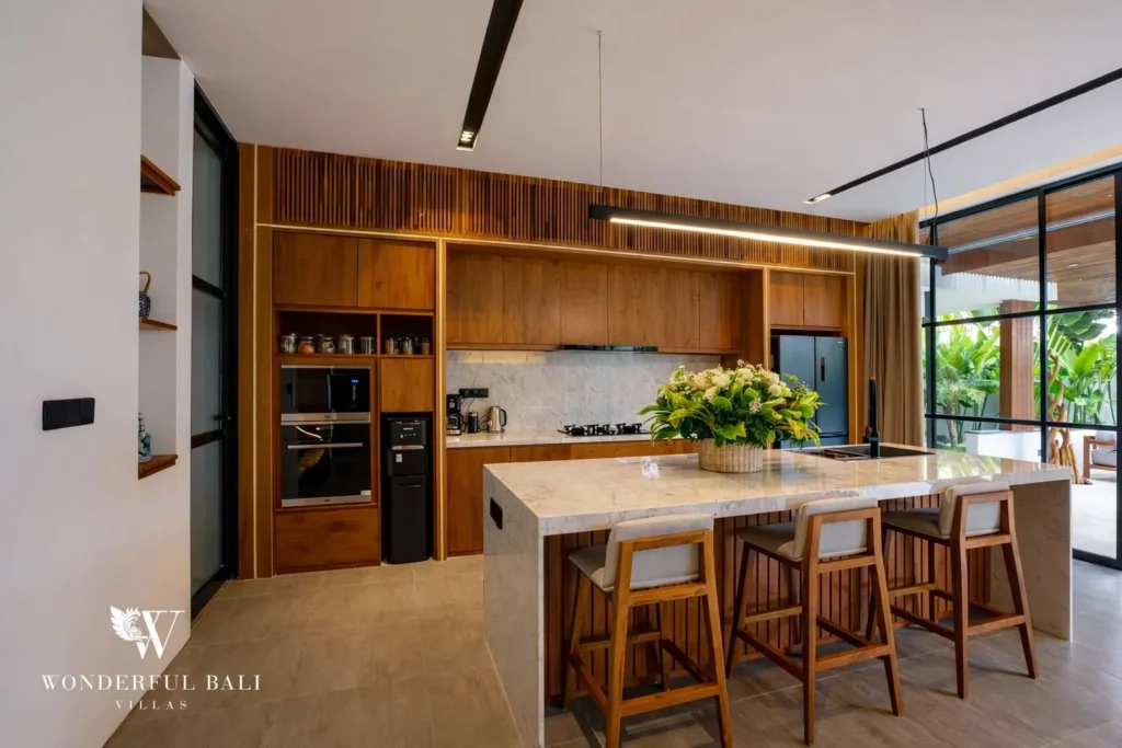 3BR villa for sale Canggu — kitchen with island and bar