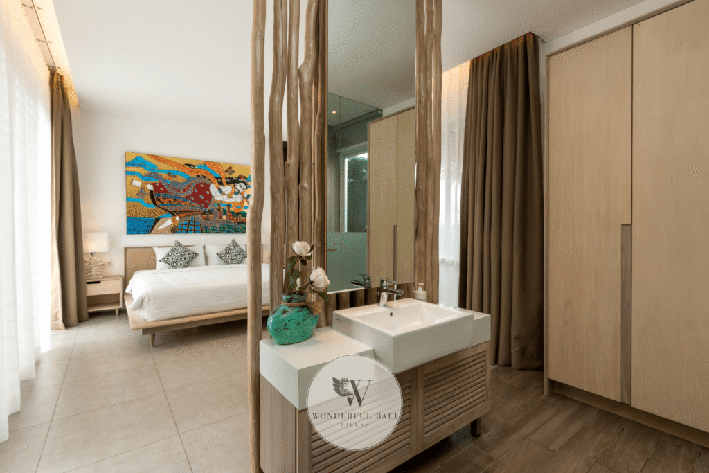 Swan Tiga – Master bedroom with king bed and serene garden outlook – Seminyak, Bali