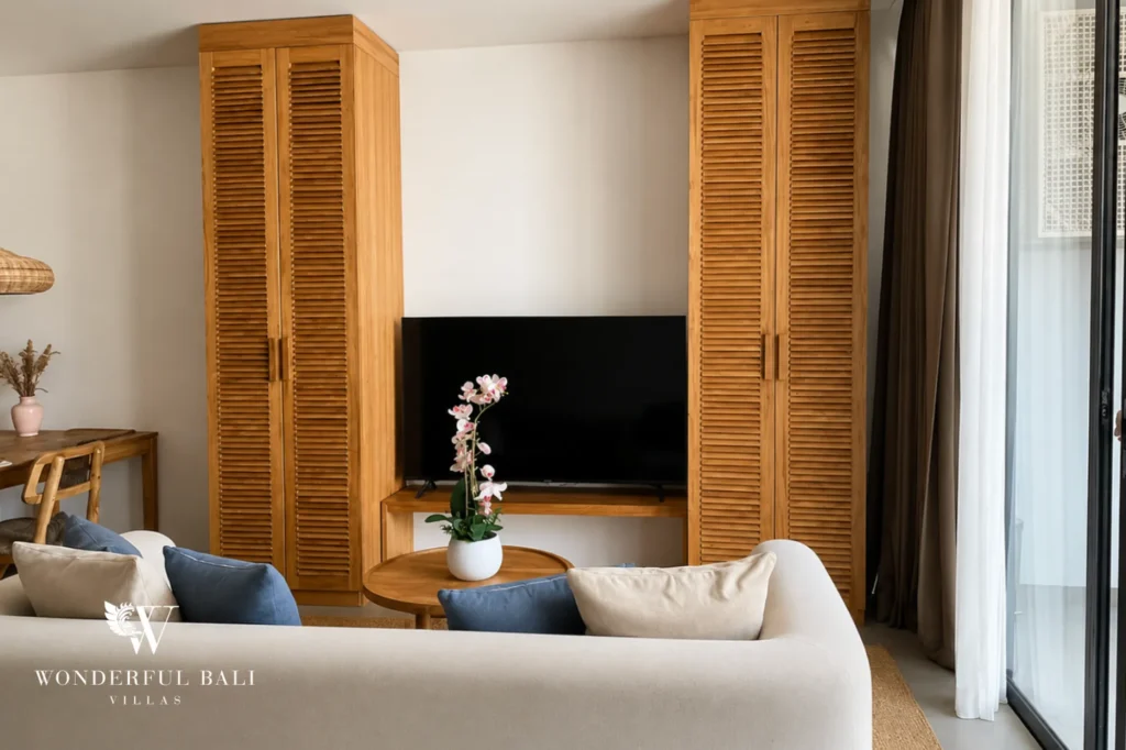 Living room with sofa and smart TV, 1-bedroom modern studio apartment in Canggu, Bali