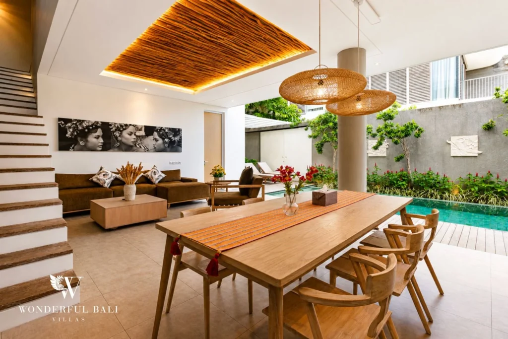 Open-plan dining area with pool view at a villa in Petitenget, Bali