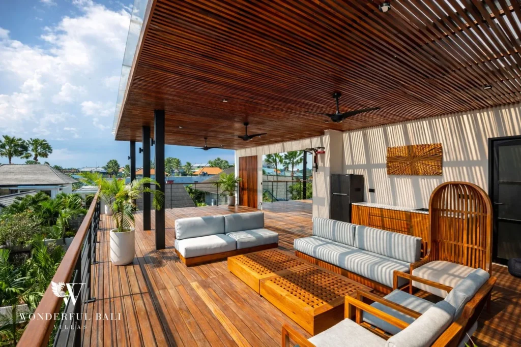 3BR villa for sale Canggu — rooftop lounge with timber ceiling