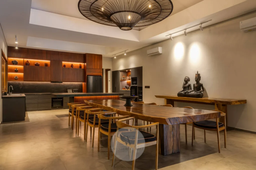 Open-plan dining and kitchen area with German appliances, Canggu villa