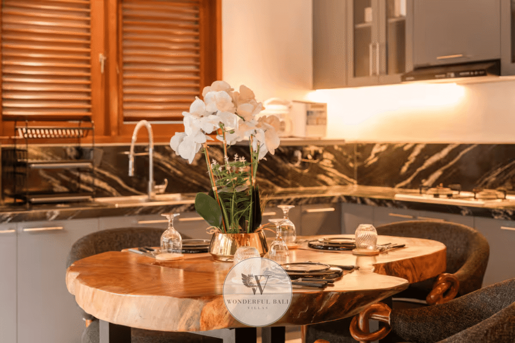 Dining table for four with premium tableware in fully furnished villa for sale, Seminyak Bali
