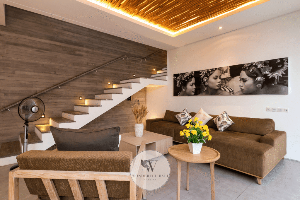 Swan Satu – Bright living room with open staircase and indoor-outdoor flow – Seminyak, Bali