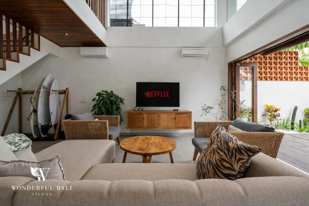 monthly villa rental umalas — living room with vaulted timber ceiling