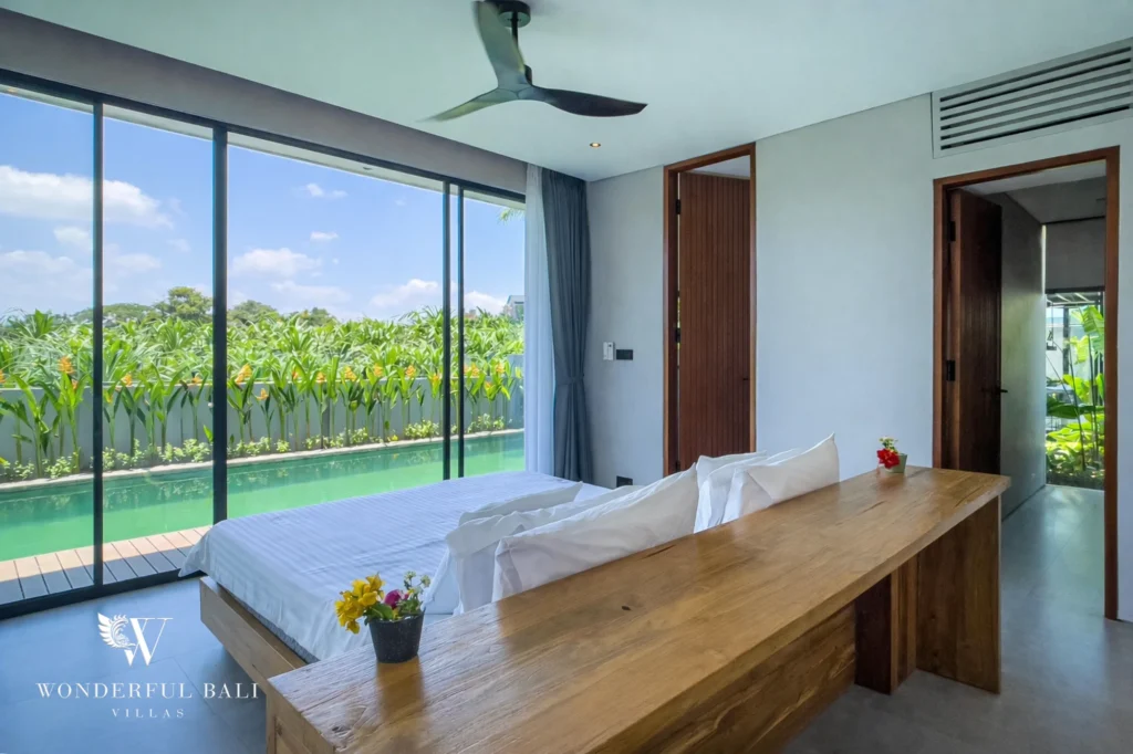 Primary ensuite bedroom in a modern four-bedroom villa, Pererenan