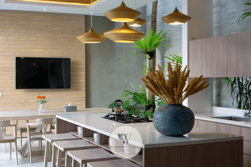 Swan Tiga – Spacious kitchen and dining with island counter and terrace access – Seminyak, Bali