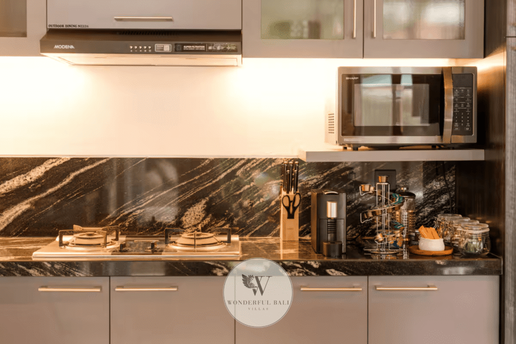 Fully equipped modern kitchen in luxury spa pool villa for sale in Seminyak, Bali