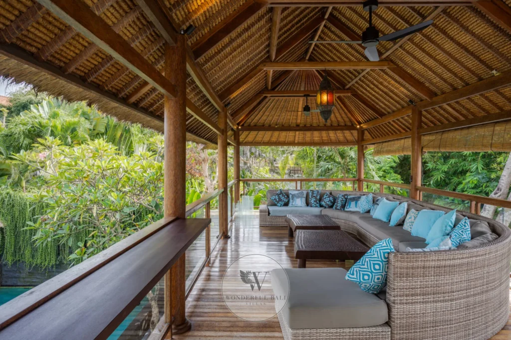 Villa balcony overlooking tropical garden, Batu Bolong, Canggu