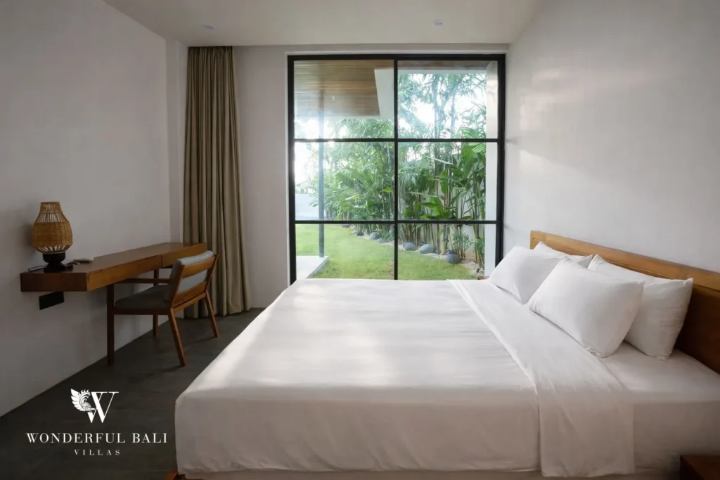 3BR villa for sale Canggu — bedroom with desk and garden view