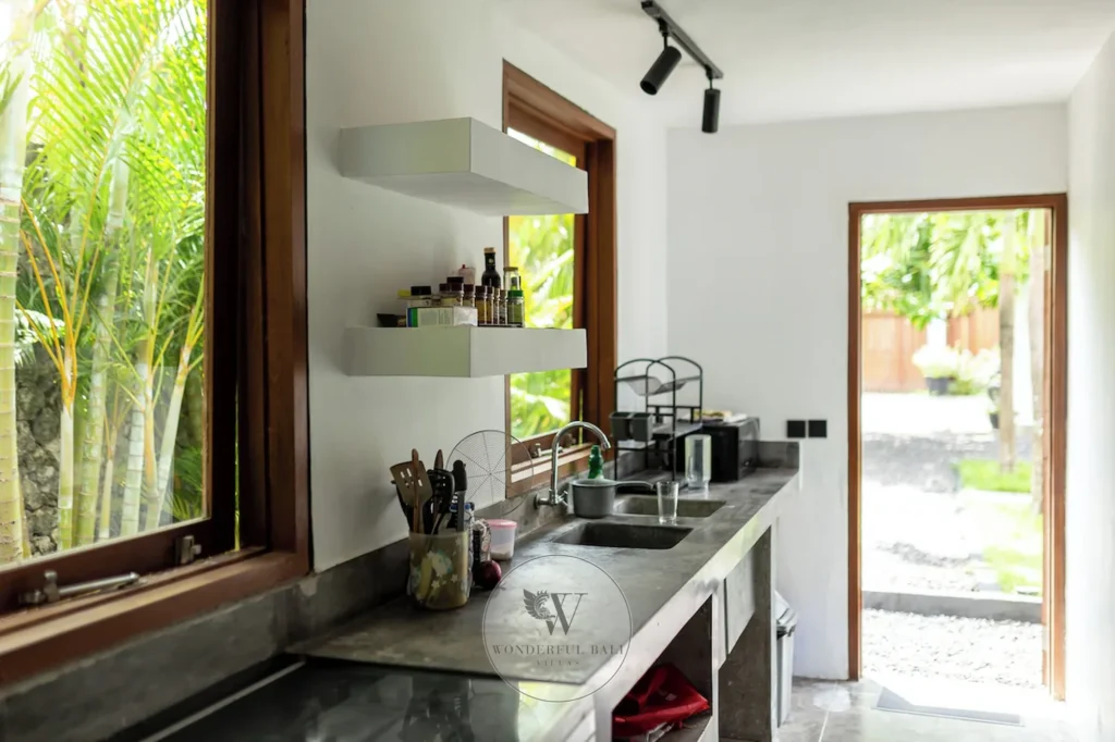Enclosed full kitchen with cookware and appliances, Umalas villa