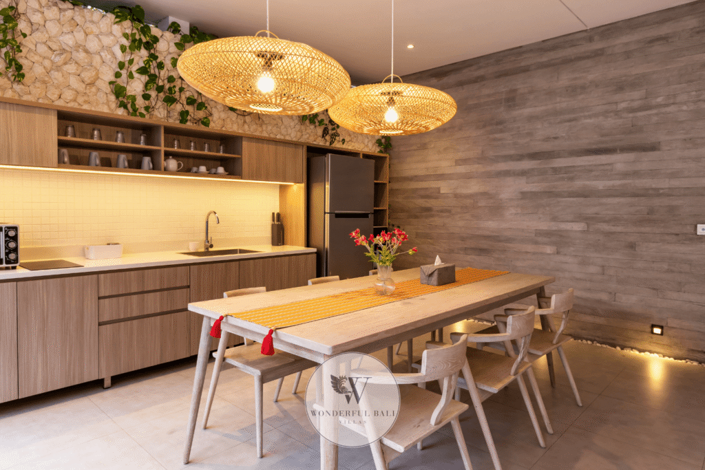 Swan Satu – Spacious kitchen and dining area with modern finishes and island counter – Seminyak, Bali