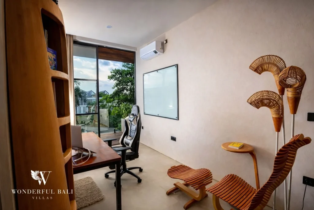 3BR villa for sale Canggu — bedroom with rattan wall art