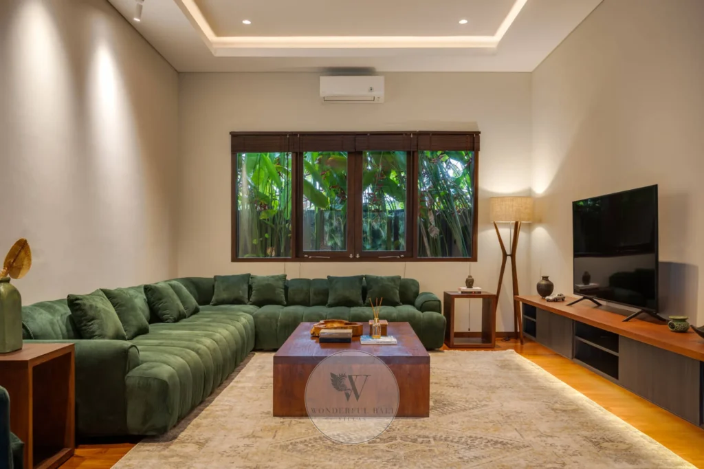 Second indoor living area with hardwood floors, Canggu six-bedroom villa