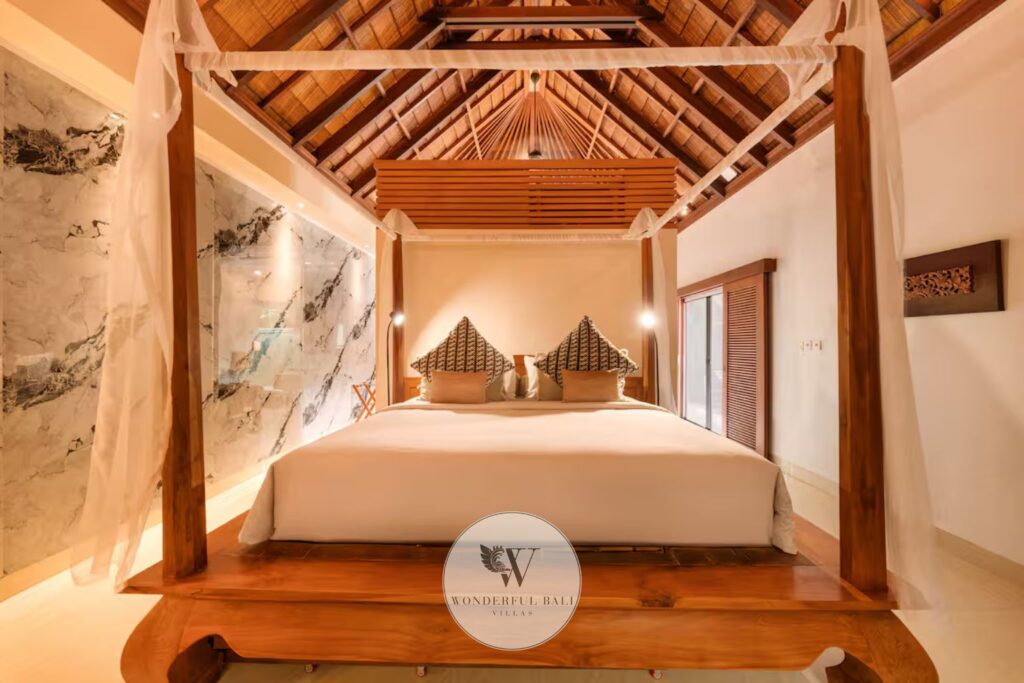 King-size master bedroom with hotel-grade linens in luxury villa for sale, Seminyak Bali