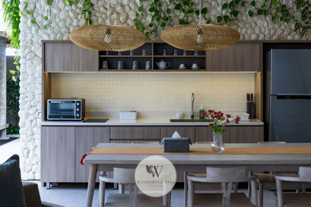 Swan Satu – Fully equipped modern kitchen with island and pendant lighting – Seminyak, Bali