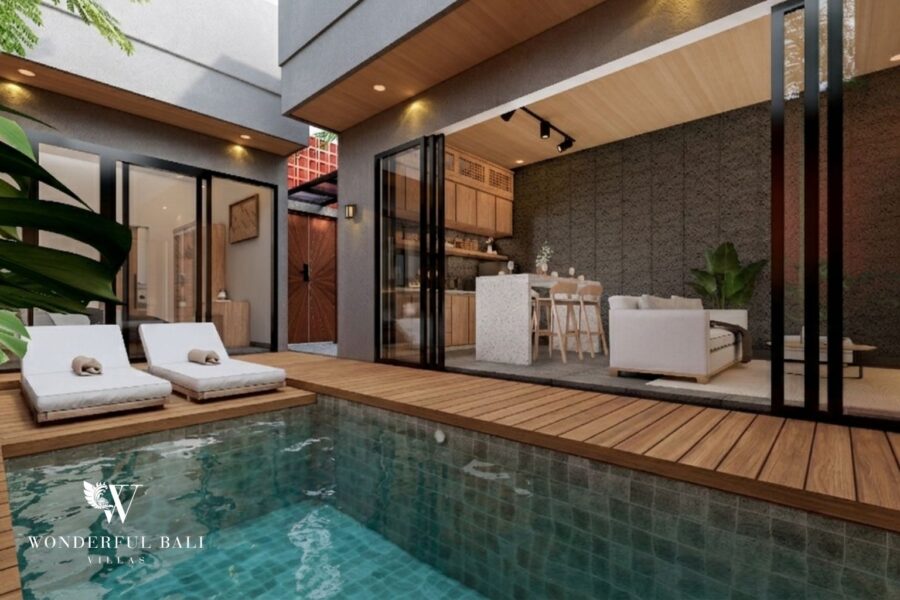 Render of private plunge pool and open-plan living area, 2-bedroom off-plan villa in Jimbaran