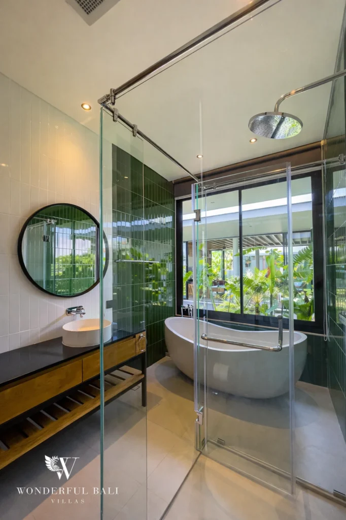 Primary ensuite bathroom in a modern four-bedroom villa in Pererenan