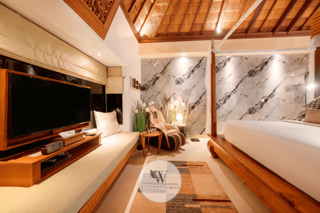 Smart TV and entertainment wall in luxury bedroom at spa pool villa for sale, Seminyak Bali