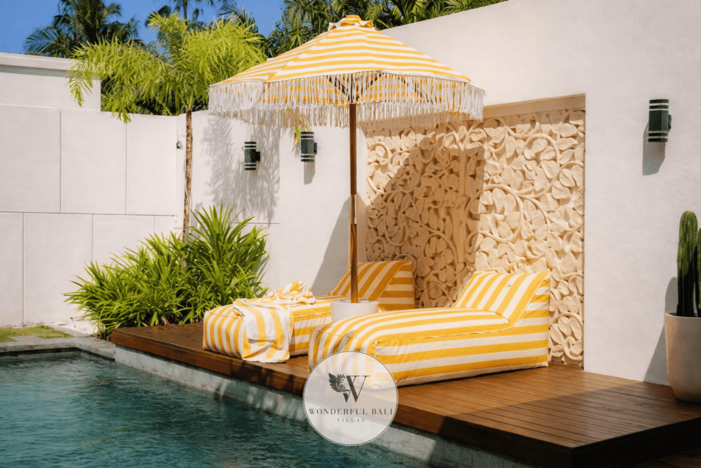 Villa Toku – Private pool terrace with sun loungers and lush landscaped garden – Petitenget, Seminyak Bali