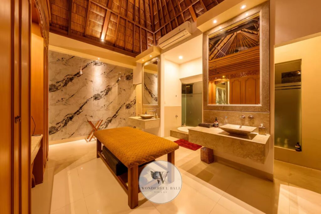 In-villa professional spa treatment room with massage bed at Asteria Villa, Seminyak Bali