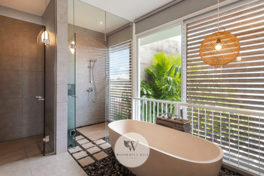 Swan Satu – Master bathroom with twin vanity and walk-in shower – Seminyak, Bali