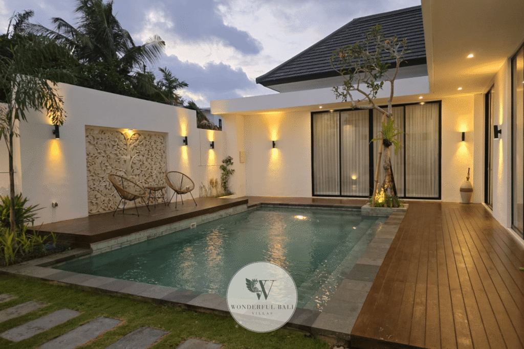 Villa Toku – Atmospheric outdoor villa area illuminated at night – Petitenget, Seminyak Bali