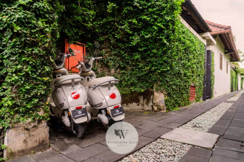 Two electric bikes included as villa amenity at luxury spa pool villa, Seminyak Bali