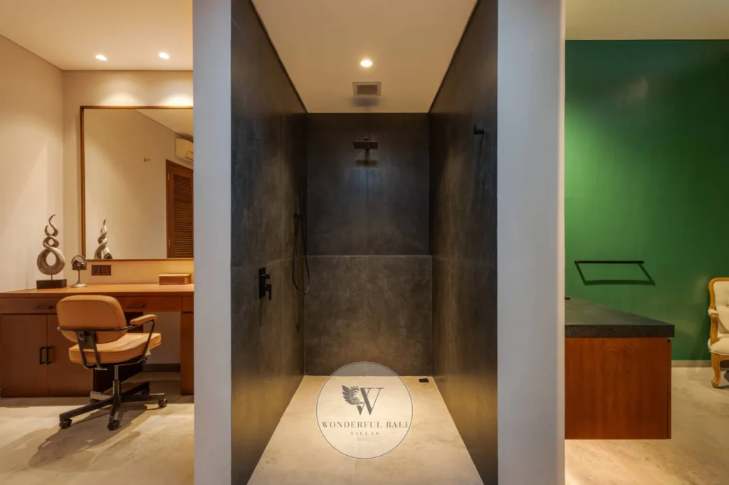 Primary ensuite bathroom with luxury tiles, Canggu villa