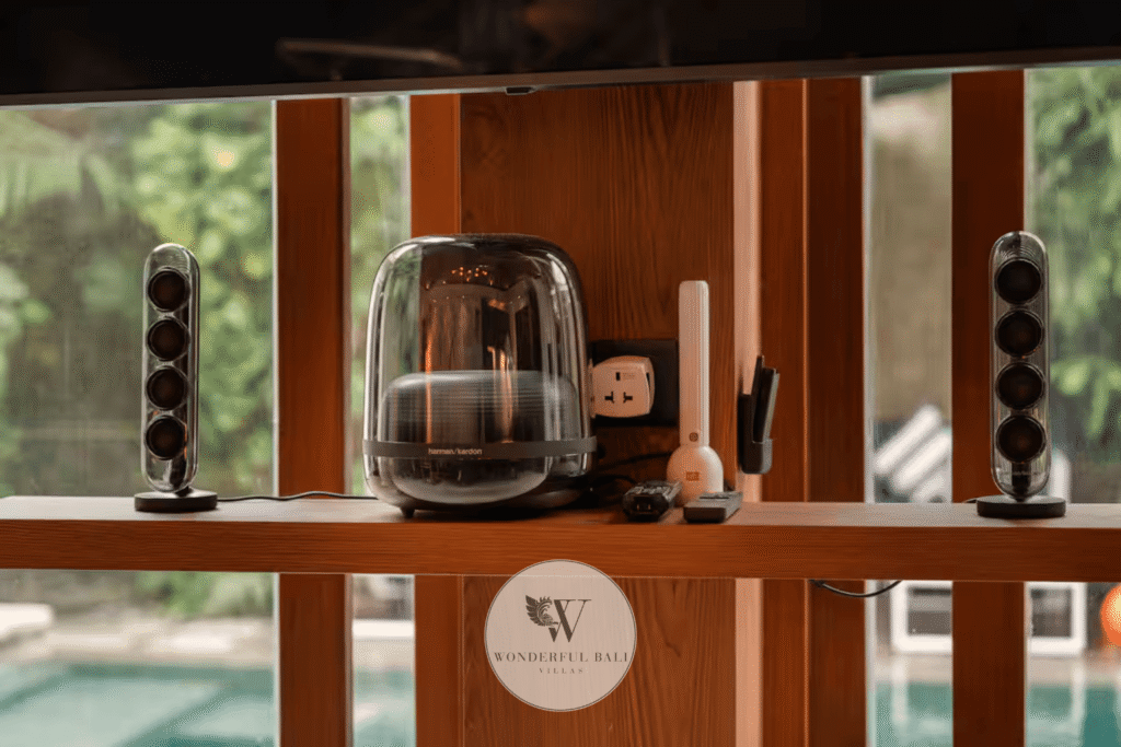 Smart TV setup with integrated sound system in ultra-deluxe spa villa, Seminyak Bali