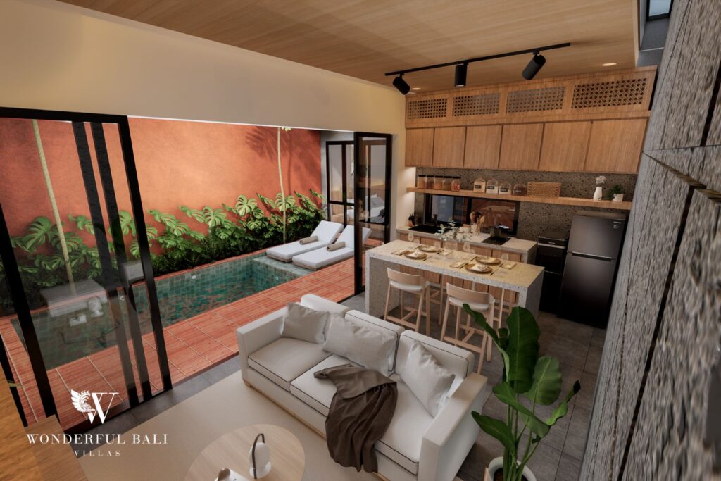 Render of living area and kitchen with sliding doors to private pool, 2-bedroom villa in Jimbaran