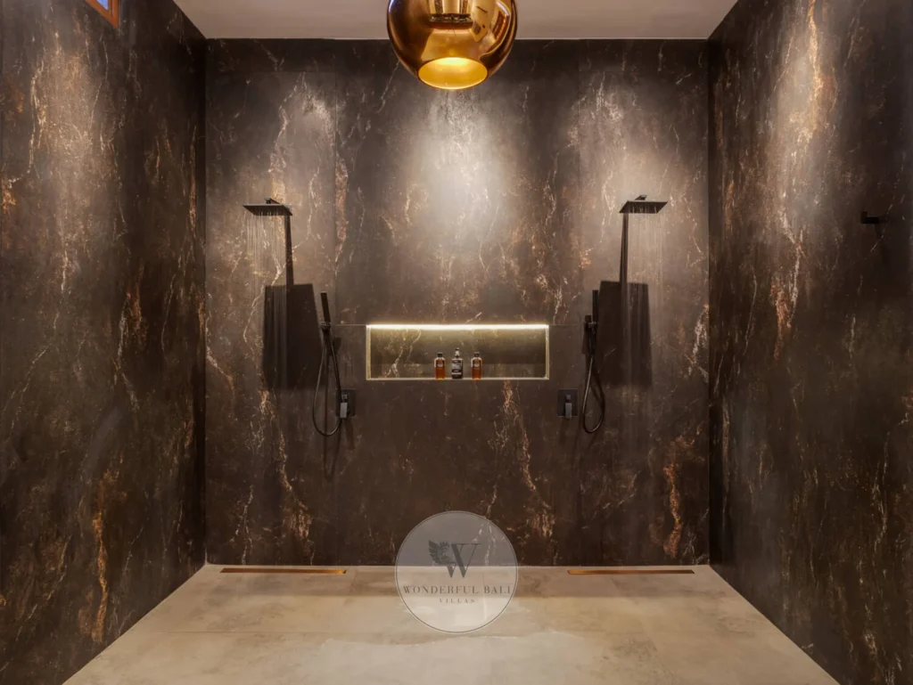 Walk-in rain shower with luxury tiles, Canggu villa
