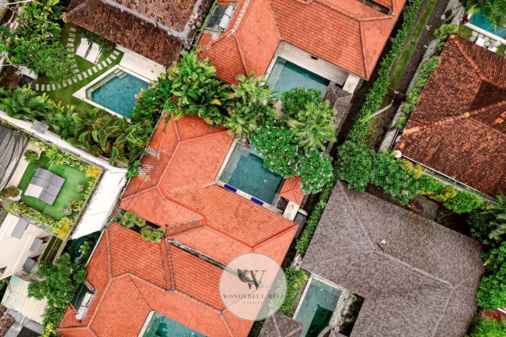 Aerial view of Asteria Luxury Spa Villa for sale in Seminyak, Bali showing pool and roof terrace