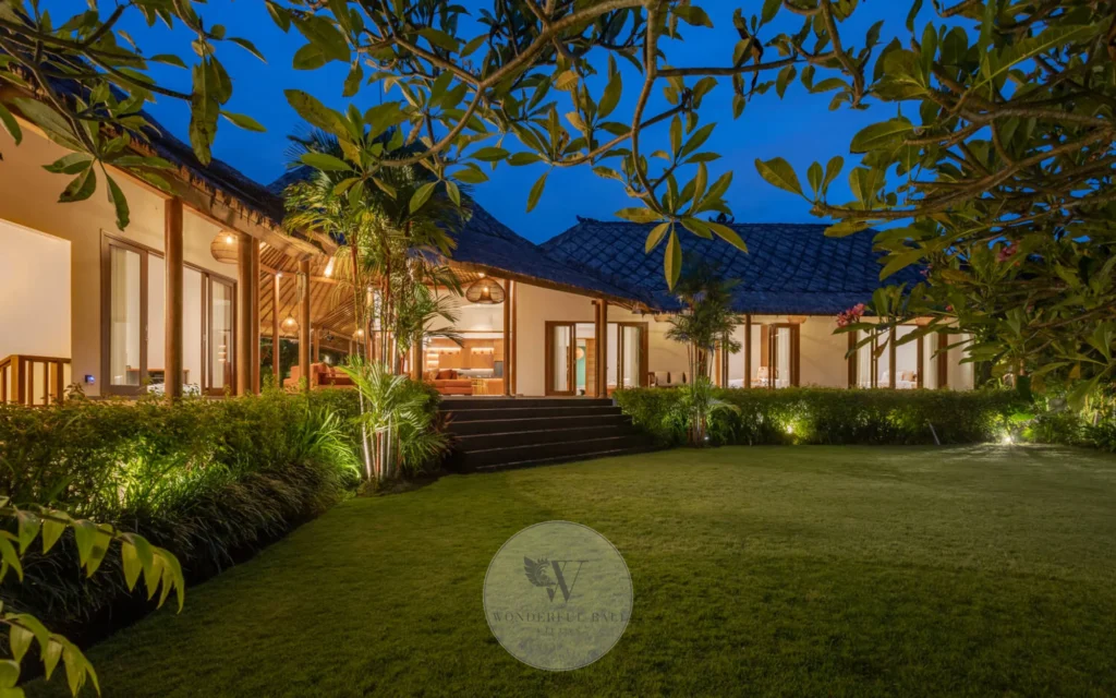 Outdoor pool deck at night, Canggu Modern Balinese villa